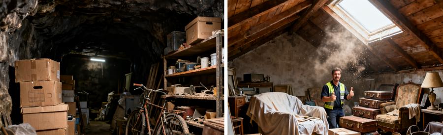 Cave Grenier Encombres Avant Intervention Cave encombrée et grenier rempli nécessitant intervention professionnelle pour évacuation complète des encombrants