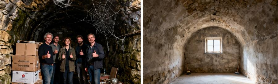 Diptyque : cave encombrée de cartons moisis transformée en espace vide et propre après intervention professionnelle à Metz