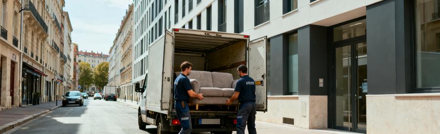Chargement Camionnette Rue Accessible Lyon 8 Professionnels chargeant mobilier dans camionnette sur rue large et accessible du 8ème arrondissement lyonnais