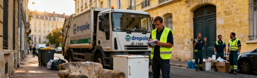 Collecte gratuite d'encombrants par la Métropole de Lyon : canapé et frigo déposés sur trottoir avec camion municipal