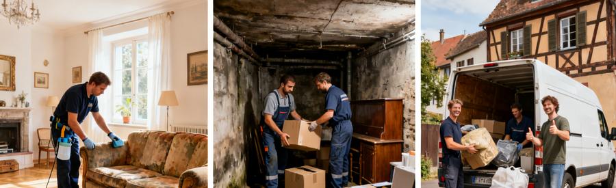 Colmar Debarras Polyvalence Intervention Complete Trois scènes montrant les interventions de débarras à Colmar : évaluation salon, évacuation cave, chargement camionnette devant maison alsacienne