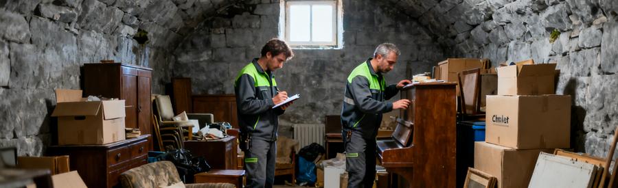 Comparaison Debarrasseurs Cave Cholet Deux professionnels du débarras évaluent une cave encombrée à Cholet pour établir leur diagnostic