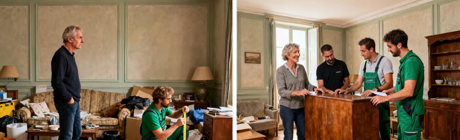 Comparaison Debarrasseurs Finistere Diptyque : à gauche, propriétaire hésitant face à un seul prestataire ; à droite, même propriétaire serein avec plusieurs professionnels pour comparer