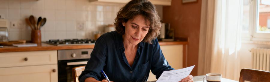 Comparaison Devis Professionnels 31 Femme comparant plusieurs devis de débarrasseurs professionnels sur documents papier dans sa cuisine à Toulouse