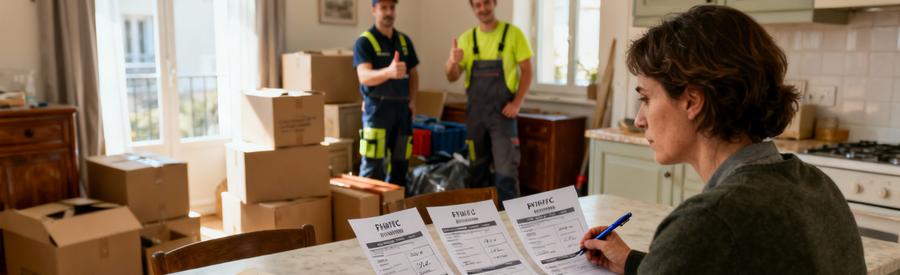 Comparaison Devis Professionnels Choisy Le Roi Personne comparant plusieurs devis de débarrasseurs sur papier à Choisy-le-Roi pour choisir la meilleure offre