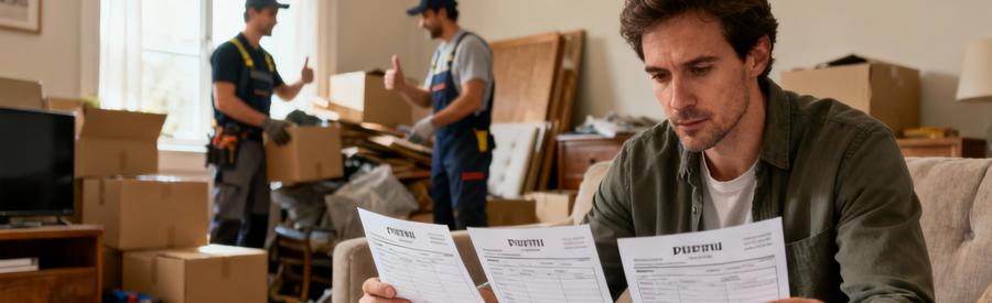 Comparaison Devis Professionnels Demenagement Particulier comparant plusieurs devis de débarrasseurs sur table avec carnet, intérieur encombré en arrière-plan