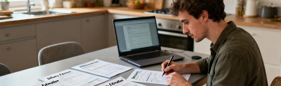 Comparaison Devis Professionnels Villiers Le Bel Personne comparant plusieurs devis de débarrasseurs professionnels sur table pour choisir la meilleure offre