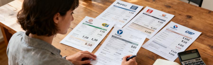 Comparaison Offres Devis Professionnels Choix Personne comparant cinq devis de professionnels sur une table avec calculatrice et carnet pour choisir la meilleure offre