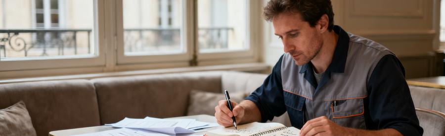 Professionnel comparant plusieurs offres de débarrasseurs sur documents papier dans un salon à Lyon 4ème arrondissement