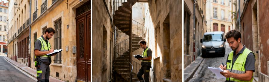 Comparaison Offres Professionnels Lyon 5eme Trois débarrasseurs évaluant différemment les difficultés d'accès dans les rues pentues du 5ème arrondissement