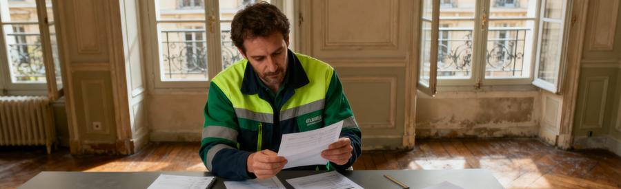 Professionnel comparant plusieurs devis sur table dans appartement Presqu'île Lyon pour choisir meilleure offre