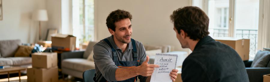 Comparaison Offres Professionnels Puteaux 92800 Professionnel présentant un devis détaillé à un client pour comparer les offres de débarrasseurs à Puteaux