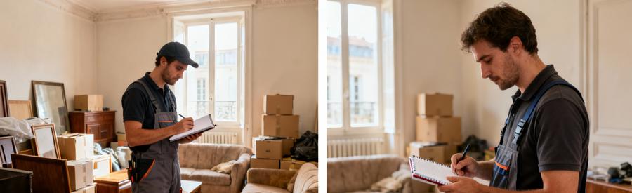 Deux professionnels évaluant séparément des biens à évacuer dans des intérieurs lyonnais encombrés