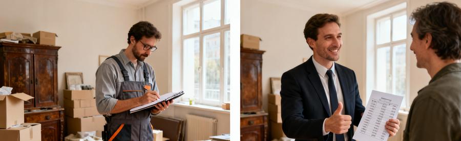 Professionnel évaluant le volume d'encombrants puis présentant son estimation tarifaire au client à Pontoise