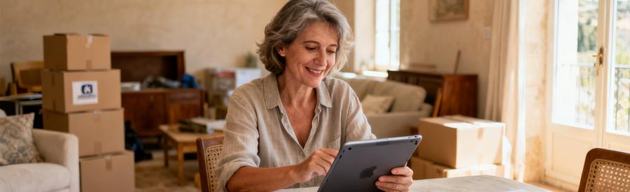 Consultation Devis Debarrasseurs Avignon Tablette Femme comparant plusieurs propositions de débarrasseurs professionnels à Avignon sur tablette avec carnets de devis