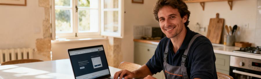 Consultation Plateforme Demenagement 82 Personne consultant sereinement une plateforme de mise en relation avec des professionnels sur ordinateur portable