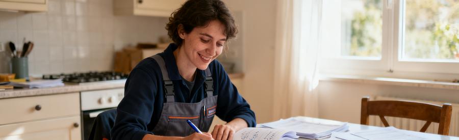 Consultation Propositions Debarrasseurs Caluire Personne comparant plusieurs propositions de débarrasseurs sur documents papier dans cuisine à Caluire-et-Cuire