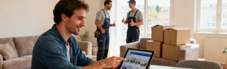 Personne comparant sereinement des offres de débarrasseurs professionnels sur tablette dans son salon à Vanves