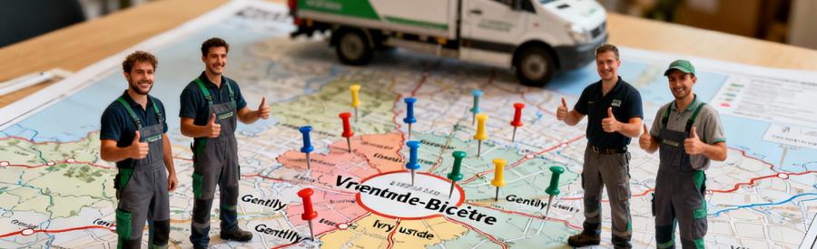 Couverture Geographique Professionnels Val Marne Carte du Val-de-Marne montrant la zone d'intervention des débarrasseurs couvrant Le Kremlin-Bicêtre et communes voisines