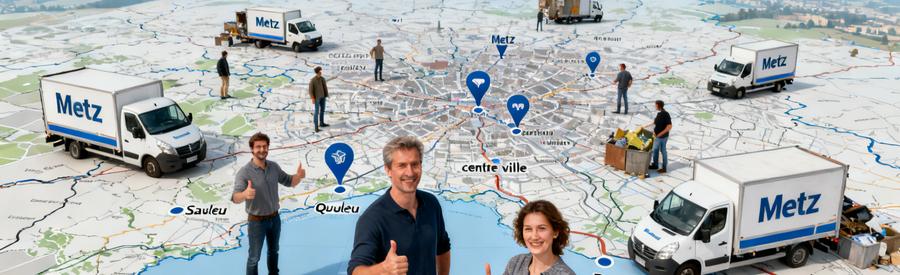 Carte de Metz et Metz Métropole montrant les zones d'intervention des débarrasseurs partenaires SuperDebarras en Moselle.