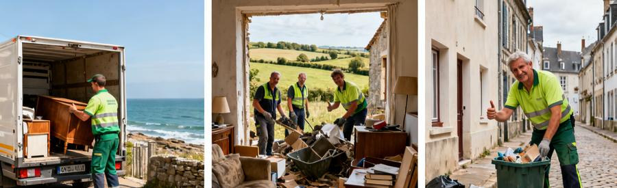 Couverture Morbihan Debarrasseurs Locaux Trois scènes montrant des professionnels du débarras intervenant dans différentes zones du Morbihan : côte, campagne et ville
