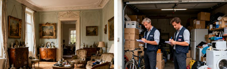 Deux contextes de débarras : succession avec meubles anciens vs déménagement urgent avec encombrants divers. Professionnels évaluant chaque cas.