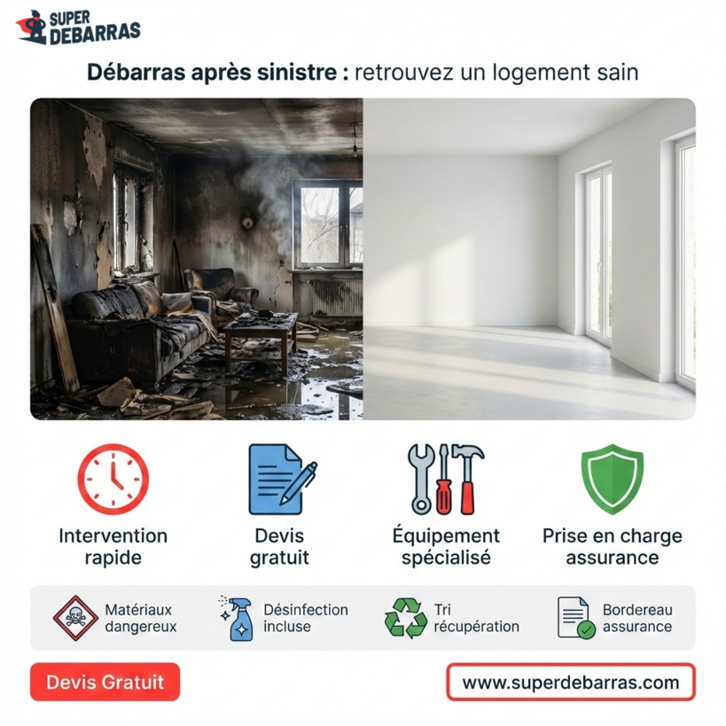 Débarras Après Sinistre – Services et Prise en Charge Assurance Infographie débarras après sinistre : avant/après logement sinistré, services intervention rapide, devis gratuit et assurance