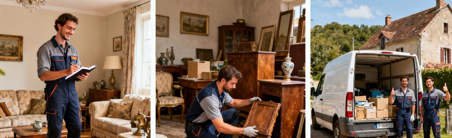 Debarras Centre Val Loire Trois Modeles Trois étapes du débarras professionnel en Centre-Val de Loire : évaluation, tri des objets, et enlèvement avec camionnette