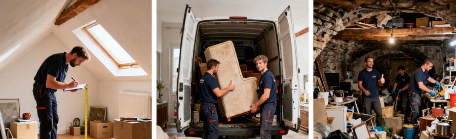 Debarras Colmar Comparaison Professionnels Trois scènes de débarras à Colmar : évaluation légère, chargement meubles volumineux, évacuation cave complète. Professionnels vérifiés en action.