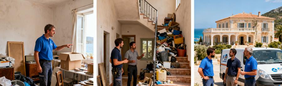Debarras Corse Evaluation Chantiers Progressifs Trois scènes d'évaluation de débarras en Corse : petit studio, maison trois pièces, grande villa avec professionnels inspectant les lieux.