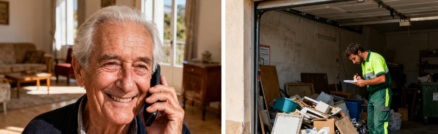 Debarras Corse Processus Simple 2images Gauche : client corse contactant débarrasseur. Droite : professionnel évaluant encombrants. Processus rapide et transparent.