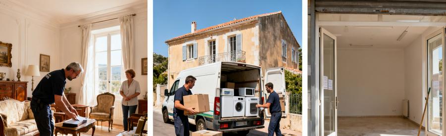 Debarras Corse Succession Demenagement Commercial Trois étapes du débarras professionnel en Corse : évaluation de succession, chargement d'encombrants, local commercial vidé