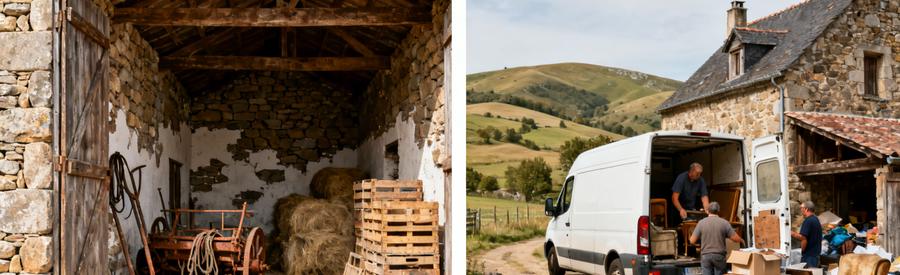 Debarras Ferme Grange Pierre Lozere Rural Débarras professionnel d'une ferme lozérienne : grange encombrée et évacuation par camionnette en milieu rural