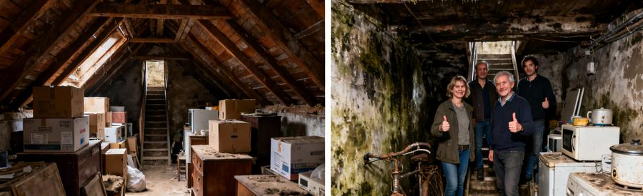 Debarras Grenier Cave Quimper Comparaison grenier mansardé encombré et cave humide difficile d'accès, illustrant les défis du désencombrement à Quimper.