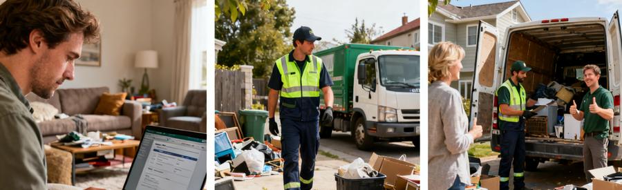 Trois étapes du processus de mise en relation : formulaire en ligne, inspection professionnelle, évacuation rapide par débarrasseur Haut-Rhin
