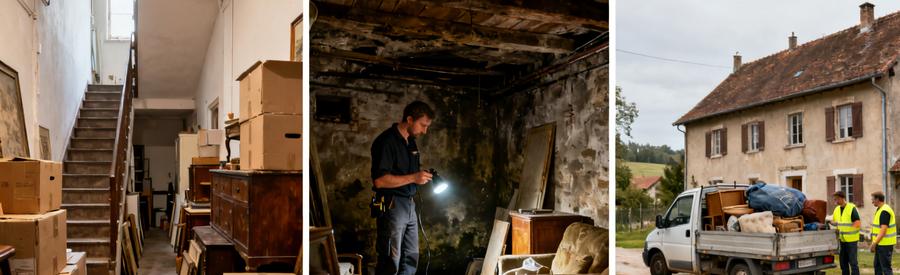 Debarras Maine Loire Petit Grand Volume Trois situations de débarras : petit studio encombré, cave à évaluer, grande propriété avec camionnette chargée.