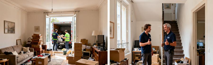 Debarras Maison Appartement Cholet Comparaison débarras maison spacieuse vs petit appartement urbain. Professionnels triant et évacuant mobilier selon l'espace.