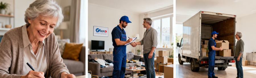 Processus simplifié de débarras à Metz en trois étapes : formulaire en ligne, visite professionnelle, évacuation complète et salon vide.