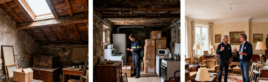 Trois scénarios de débarras en Moselle : petit grenier, cave standard et maison complète, illustrant la diversité des interventions professionnelles