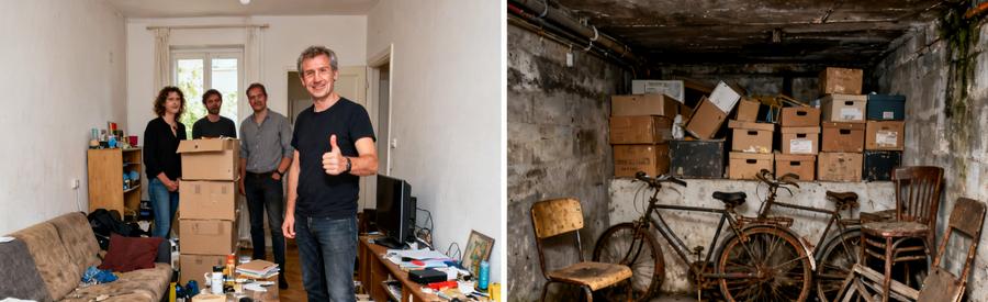 Comparaison avant débarras : petit appartement encombré et cave remplie d'objets accumulés depuis des années à Mulhouse.