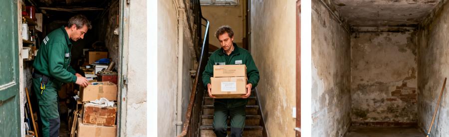 Trois étapes du débarras professionnel à Mulhouse : inspection d'une cave encombrée, accès difficile en escalier, résultat final cave vide et propre