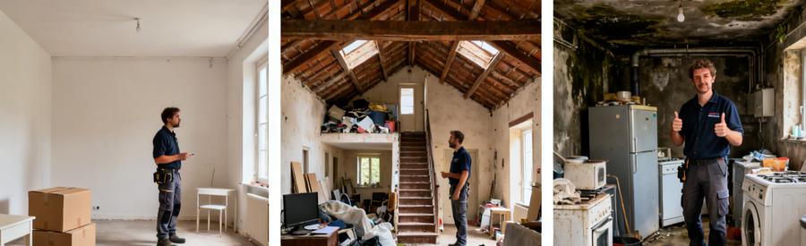 Trois situations de débarras différentes en Pas-de-Calais : petit logement, maison spacieuse et villa avec objets volumineux. Professionnels évaluant les espaces.