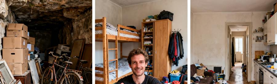 Trois espaces à débarrasser à Thionville : cave, studio et appartement T3, montrant différents volumes d'encombrement professionnel.