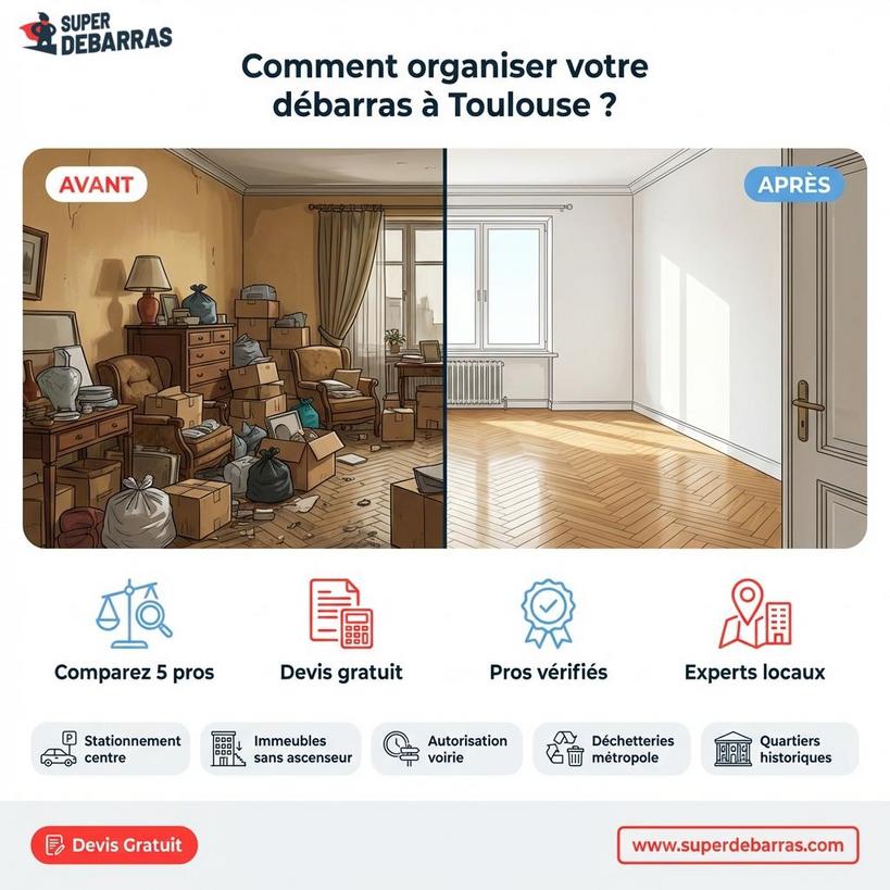 Débarras à Toulouse – Guide Complet et Tarifs Professionnels Guide débarras Toulouse montrant transformation avant/après appartement, comparaison pros locaux et spécificités quartiers