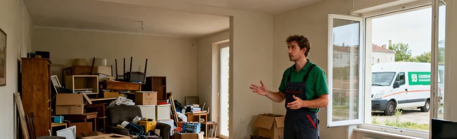 Professionnel du débarras à Beauvais évaluant un salon encombré, préparant l'évacuation complète des objets et meubles.