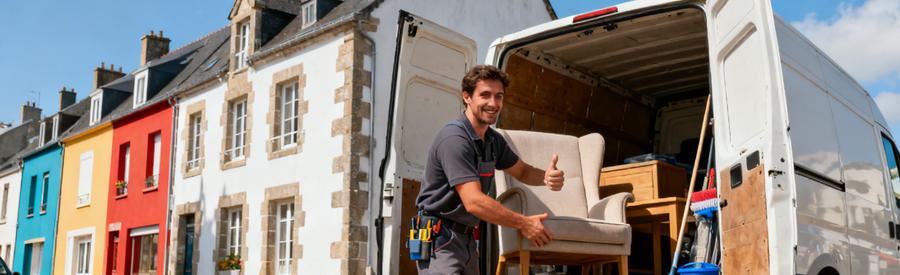 Debarrasseur Brest Camionnette Meubles Professionnel du débarras chargeant meubles dans camionnette à Brest, quartier urbain, intervention rapide et efficace