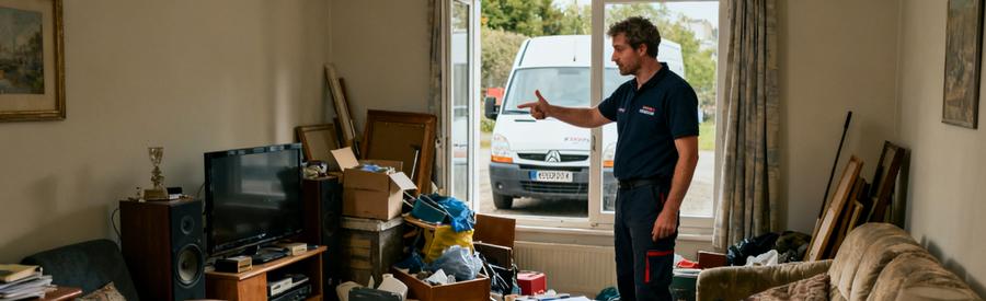 Debarrasseur Brest Evaluation Salon Professionnel du débarras à Brest évaluant les objets d'un salon encombré pour établir un diagnostic précis