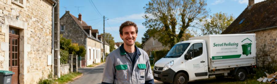 Debarrasseur Camionnette Village Oise Professionnel du débarras devant sa camionnette dans un village rural de l'Oise, symbolisant la couverture complète du département.