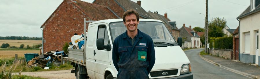 Débarrasseur professionnel avec camionnette dans un village du Pas-de-Calais, illustrant la couverture locale du réseau sur l'ensemble du département 62.