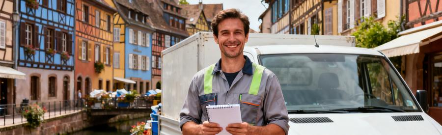 Debarrasseur Colmar Intervention Locale Professionnel du débarras devant camionnette à Colmar, architecture alsacienne typique en fond, symbolisant l'expertise locale et la couverture géographique de la région.